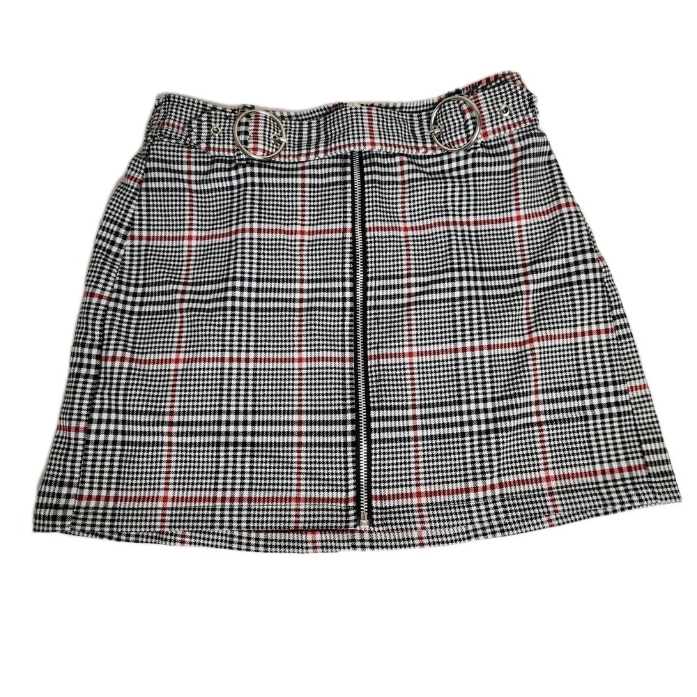 Bershka Plaid Mini Skirt O-Ring Zip Front Punk Grunge Y2K Schoolgirl E-girl Sz L